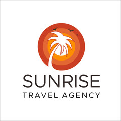 Summer holiday - concept business logo vector illustration in flat style. Tropical paradise creative badge. Palms, island, beach, sunrise, sea. Travel webbanner or poster. Graphic design element.