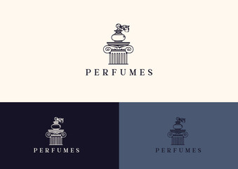 Perfume logo. A bottle of perfume stands on a column.