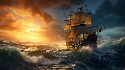 sailing ship at a beautiful sunset during a storm