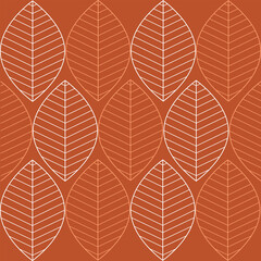 Obraz premium Dark vector seamless pattern with white contour leaves. Collection of hand drawn leaves Black-white vector illustration. 