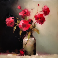 Square oil painting of bouquet of crimson abstract flowers. Generative AI