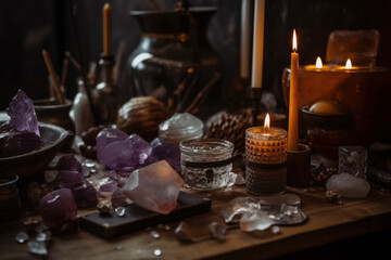 Obraz na płótnie Canvas Crystals and sage amidst candles and glass on a wooden table in cozy space