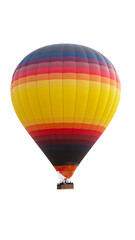 Colorful Isolated Hot Air balloon against white backdrop, passengers in wicker basket