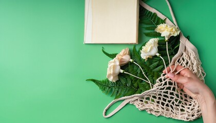 Hand of woman holding reusable mesh bag with bunch of summer daisy flowers over green background, Book in string bag, flowers and female hand on green background, top view 