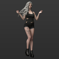 Naklejka premium 3D Rendering Illustration of Beautiful Young Urban Fantasy Witch with Long Grey Hair and Short Black Clothing and Tattoos Isolated on Dark Background 