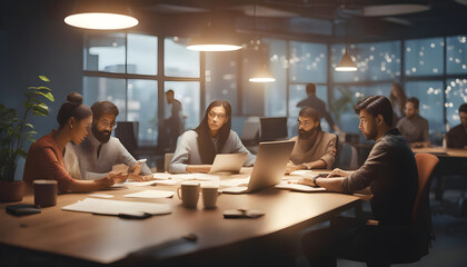 a collaborative workspace where coworkers are sharing a desk, working together on a creative project ai generated