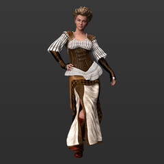 3D Rendering Illustration of Beautiful Sexy Steampunk Woman in Retro Western Clothing and Edwardian Hair Isolated on Dark Background