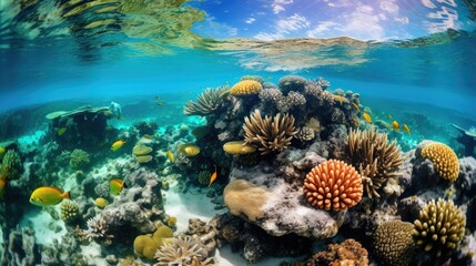 Vibrant coral reef teeming with diverse marine life captured through an underwater exploration using Canon EOS-1D X Mark II and Canon EF 8-15mm f/4L Fisheye USM lens. Natural sunlight creates stunnin