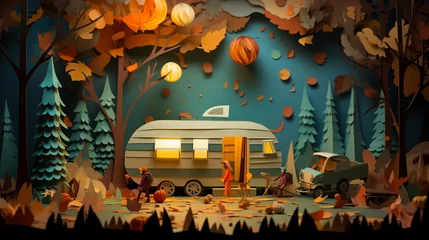 Foto auf Acrylglas A family with dogs gets ready for a hike while camping with a camper van in an autumn forest, in the style of paper cut shapes and layered paper © BerndRolauffs