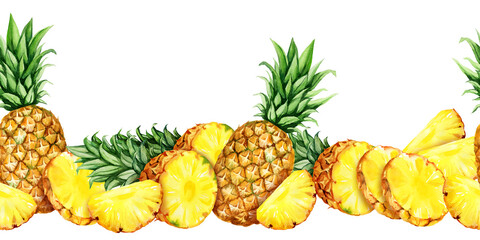 watercolor hand drawn seamless border with pineapple with half and slices ripe pineapple, sketch of tropical fruit, food illustration isolated on white background © TATIANA