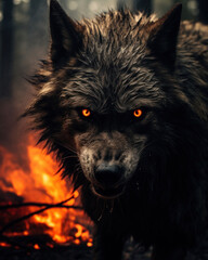 Gloomy wolf with burning eyes in a fiery forest