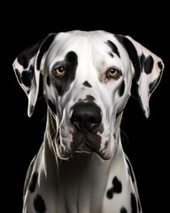 Spotted Great Dane with yellow eyes on a black background