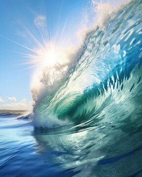 Crystal clear blue wave against the background of the shining sun