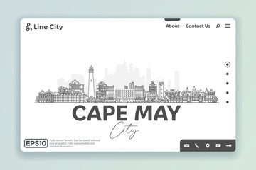 Cape May, New Jersey USA architecture line skyline illustration. Linear vector cityscape with famous landmarks, city sights, design icons. Landscape with editable strokes.