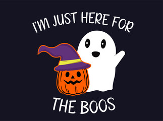 Cute Ghost and pumpkin banner and graphic resource. Happy Halloween. Vector illustration. Boo Ghost Christmas happy new year. Witch hat. Halloween Character with pumpkin. Trick or Treat. Smiling BOO!