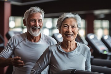 Active Senior Couple Exercising, senior fitness routine, elderly couple staying active, fitness and wellness in old age, active aging lifestyle - obrazy, fototapety, plakaty