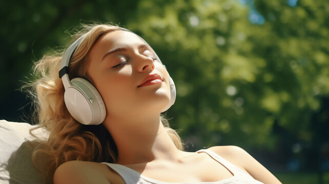 beautiful happy confident woman listen to music with headphone on her weekend ,chill at garden,relaxation concept