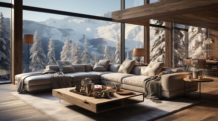In a chalet with a minimalist home interior design there's a corner sofa in a room with wooden lining paneling walls and a ceiling, offering panoramic views of a great winter snow mountain landscape - Powered by Adobe