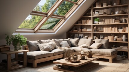 In a farmhouse attic, a corner sofa complements the Scandinavian home interior design of a modern living room with a shelving unit