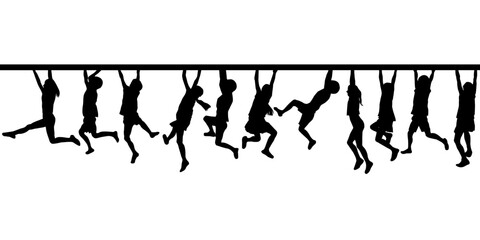 Silhouettes of children hanging from a horizontal ladder - 651682528