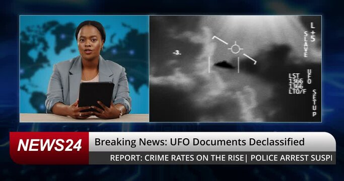 Breaking news, woman reporter and ufo in tv studio broadcast for documents, alien ship or info. Television show, African presenter face and tablet for UAP spaceship, danger or government transparency
