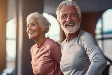 Active Senior Couple Exercising, senior fitness routine, elderly couple staying active, fitness and wellness in old age, active aging lifestyle - obrazy, fototapety, plakaty