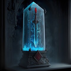 slender long obsidian black greatsword with red gems aligned in the black hilt Glowing blue runes in the icy blade in a large glass display case rimed with hoarfrost realistic fantasy art lit by  - obrazy, fototapety, plakaty