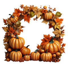 Festive Pumpkins autumn frame, Wood Arch Gate, and Leaves Transparent Background Frame. The Concept of Thanksgiving or Halloween