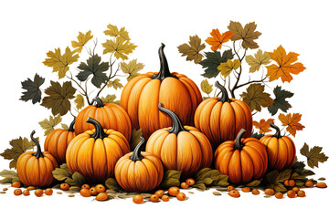 Naklejka na ściany i meble Watercolor pumpkin and autumn leaves Clip art for wallpaper and t-shirt. Pastel oil painting illustration isolated on transparent background. The concept of Thanksgiving or Halloween