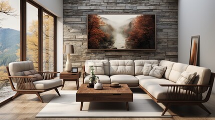 In a mid-century interior design of a modern living room, a white sofa and wooden chairs create a stylish atmosphere