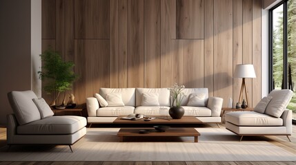 In a minimalist home interior design of a modern living room, a beige sofa and armchairs stand against a wood paneling wall