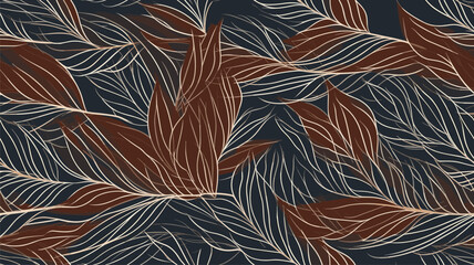 Luxury floral pattern with hand drawn leaves. Elegant astract background in minimalistic linear style. 