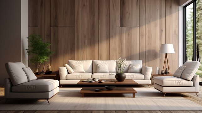 Fototapeta In a minimalist home interior design of a modern living room, a beige sofa and armchairs stand against a wood paneling wall