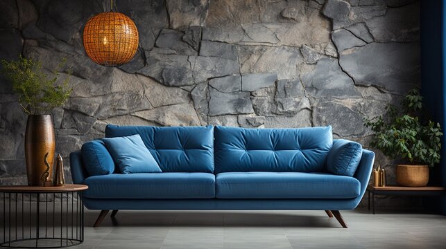 In a minimalist home interior design of a modern living room, a blue velvet sofa is positioned near a marble stone wall