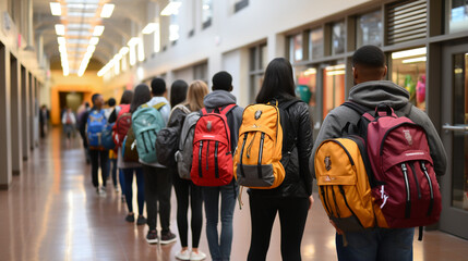 A snapshot of students eagerly carrying colorful backpacks ready to embark on a new academic year - obrazy, fototapety, plakaty