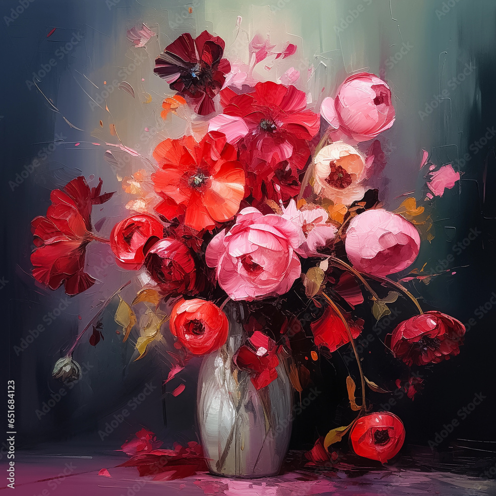 Wall mural bouquet of pink and red peony flowers in a vase on dark background, still life, oil painting, impast