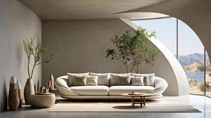 In a minimalist style home interior design of the modern living room, a beige curved sofa rests against a beige and concrete wall with ample copy space