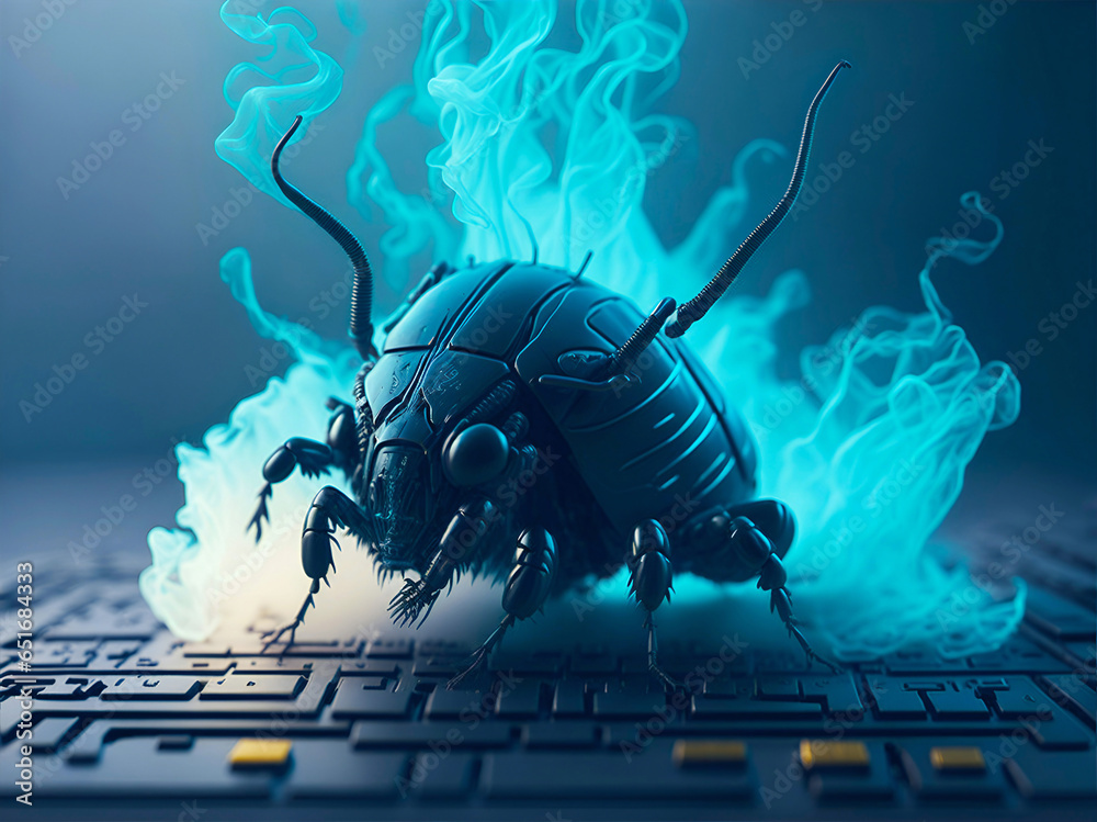 Poster beetle attacks and destroys electronics. concept of computer virus and malicious software code.