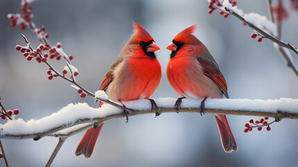 A pair of cardinals perched on a snow-laden branch, a pop of vivid red against the white.