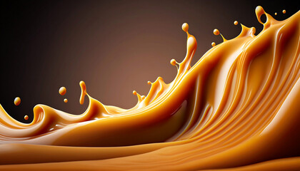 Delicious melted caramel texture. Flow, wave and drops splash caramels sauce. Sweet food design background. - obrazy, fototapety, plakaty