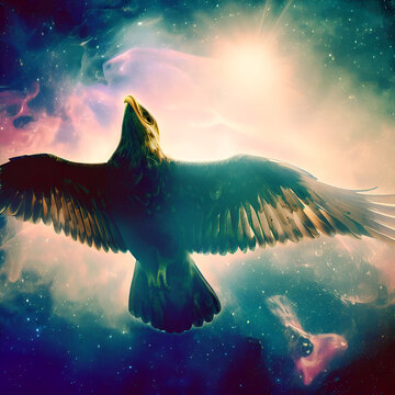 Wildlife Creation Eagle, God of Birds with Large Wings in the Blue Red Purple Night Light Sky Space Cosmos Pillars of Creation in Eagle Nebula Coincident with NASA James Webb Telescope Science Fiction