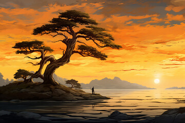 A solitary black cypress three standing tall against a golden sunset sky created with Generative Ai