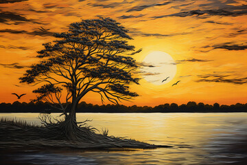 A solitary black cypress three standing tall against a golden sunset sky created with Generative Ai