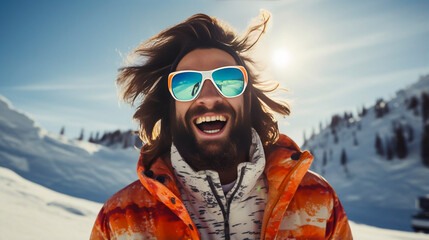 stockphoto, photography of happy man wear sunglasses spending weekend at ski resort winter holiday concept. Winter sports