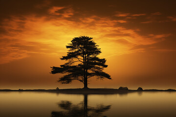 A solitary black cypress three standing tall against a golden sunset sky created with Generative Ai