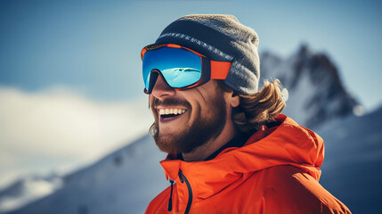 stockphoto, photography of happy man wear sunglasses spending weekend at ski resort winter holiday concept. Winter sports