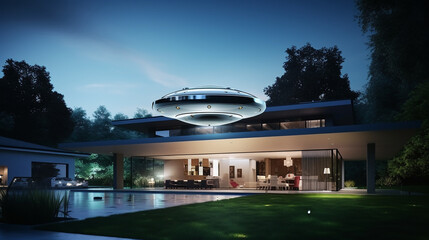 Obraz na płótnie Canvas A UFO flying outside a modern house at night created with Generative Ai