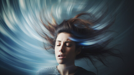A blurred photograph captures a woman experiencing vertigo, dizziness, or a brain or inner ear health issue.. - obrazy, fototapety, plakaty