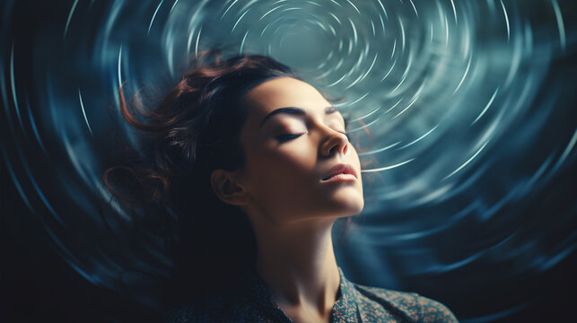 In a hazy photo, a woman grapples with vertigo, dizziness, or a brain or inner ear ailment.