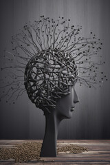 Depression - a gray head with branching twigs instead of hair, with an openwork skull against a grey wall backdrop.